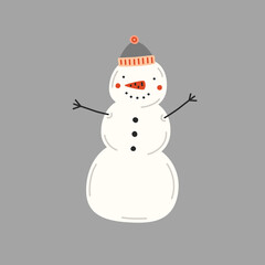 Snowman in a hat on a grey background. Vector illustration