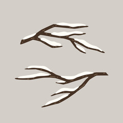 Snowy bare tree branches on a grey background. Vector illustration