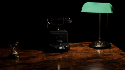  Work desk with retro telephone, clock and bankers lamp. 3d Rendering