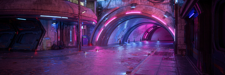 Fototapeta Wide panoramic 3D rendering of a dark moody futuristic cyberpunk city street. obraz