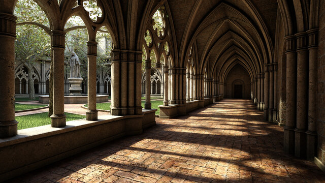 3D rendering of a gothic medieval cloisters and courtyard.
