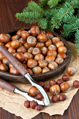 Hazelnuts  in  wooden bowl on rustic background