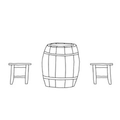 Black Vector outline illustration of a wooden barrel with iron hoops for beer or wine and two stools isolated on a white background