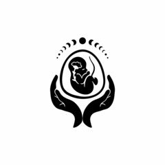 Fetus symbol. Baby in womb and hand. Pregnancy and health care of mother  and baby inside. Round logo of embryo and umbilical cord. Maternal fetus medicine. Embryo on hand. 