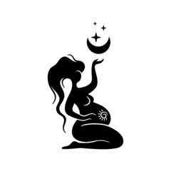 Mystical illustration with pregnant woman. Moon celestial goddess. Magical pregnancy. Vector illustration.