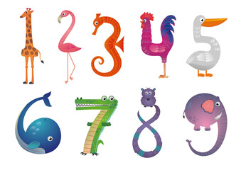 set of cartoon animal numbers from one to nine