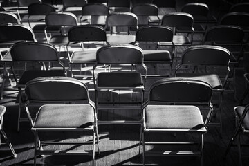 Obraz premium Rows of chairs for the competition audience in the gym. A beautiful play of morning light. Background image for sports and social events.