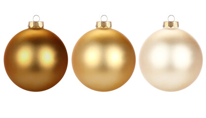 Christmas balls isolated on white background. Happy New Year baubles bombs bulbs colorful decoration. Golden Glass balls. Poster, banner, brochure design for christmas tree.