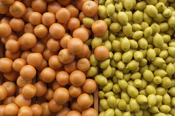 Fresh Orange and lemon on top view, Minimal fruit idea concept, Trendy 3d render for social media banners, promotion, product show.