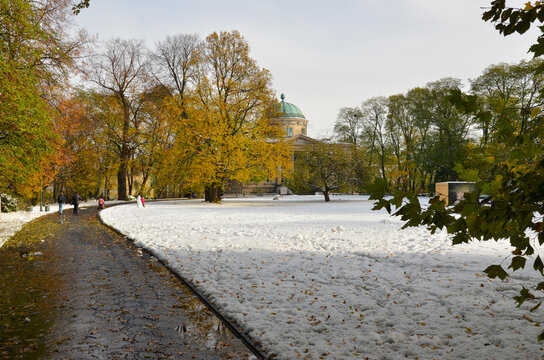 Early winter in the city park. Królikarnia Gallery and Museum in Warsaw Poland. 