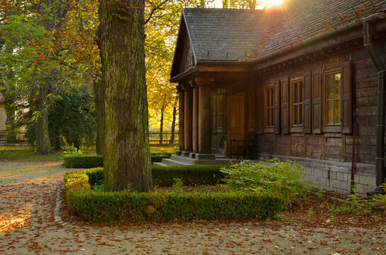 In the palace garden of Radziejowice there is a noble manor, known in Polish as a dw&oacute;r or dworek. Autumn in Radziejowice Poland.