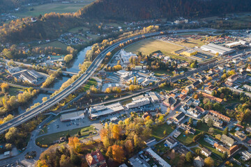 Fototapeta premium Aerial view of Peggau near Graz in autumn and evening light