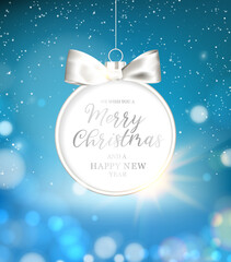 Merry christmas greeting card with lettering. White snow falls on the background. Happy new year . Christmas ball.