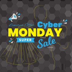 Cyber Monday Sale with abstract elements on black background. Advertising poster or template design.