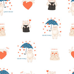 Valentine cat heart seamless pattern. Love animal. Valentine's day cartoon cute sticker kitten. Stock vector pattern illustration isolated on white background. 