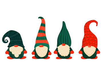 Gnome. Christmas Scandinavian small gnomes in a New Year's santa hat. Set of flat cartoon hand drawn characters. Stock vector illustration isolated on white background.