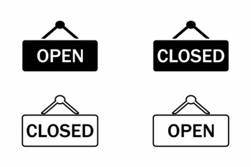 Open or closed in signboard with a rope on white background. Vector.