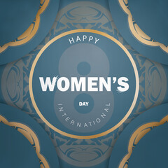 Festive Brochure 8 march international women's day in blue color with abstract gold ornament