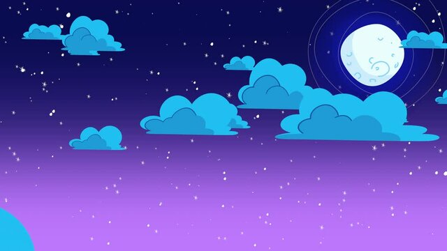 Purple stars sky landscape with clouds and moon, motion abstract cartoon and kids style background