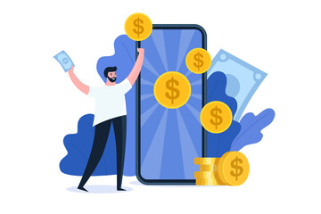 Online banking on your phone. Winner won the money in the application. Big smartphone and a small man. Online win. Vector stock illustration in flat style isolated on white background. Online Reward.