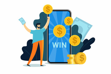 Online banking on your phone. Winner won the money in the application. Big smartphone and a small man. Online win. Vector stock illustration in flat style isolated on white background. Online Reward.