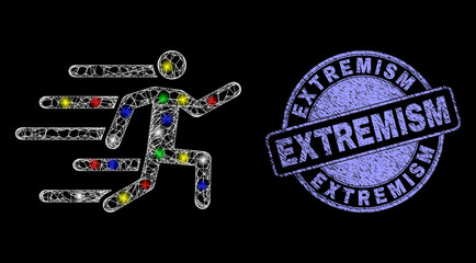 Glossy polygonal mesh web active person icon with glare effect on a black background with Extremism corroded seal print. Illuminated vector mesh created from active person icon,