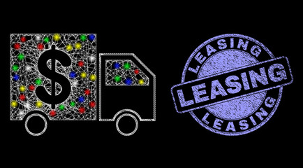 Glossy polygonal mesh web banking delivery icon with glow effect on a black background, and Leasing unclean seal imitation. Illuminated vector mesh created from banking delivery symbol,