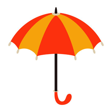 Opened umbrella. Cute umbrella in red-orange color. Umbrella with a curved handle. Design element. Vector illustration isolated on white background. Rainy weather symbol.