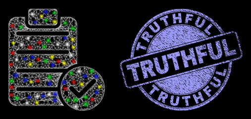 Glossy polygonal mesh web accept pad text icon with glitter effect on a black background with Truthful grunge seal. Illuminated vector mesh created from accept pad text pictogram, © Evgeny