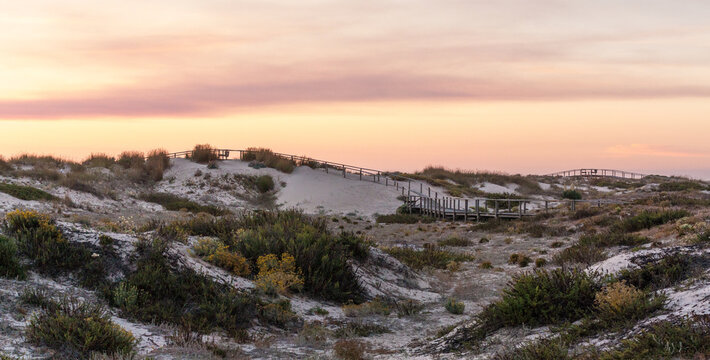 Panoramic landscape with the sunset over the dunes, Esmoriz, Portugal