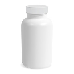 White supplement bottle mockup. Medicine pill jar, isolated vector. Medical tablet container white blank. Pharmacy capsule can design, aspirin or antibiotic product illustration