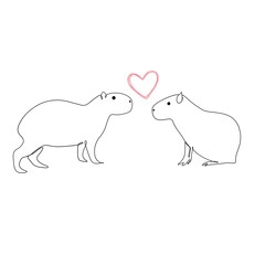 Two capybaras in love. One line hand drawn minimalist illustration isolated on white background. 