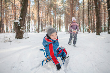 Fototapeta na wymiar Happy friends have fun in wonderland, little girl pulls a sledge with sister and brother across snow-covered winter forest, outdoor family weekend at snowing day