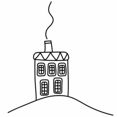 Doodle house with smoking chimney. Hand drawing christmas house with windows. Vector illustration