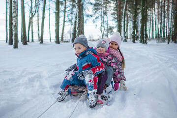 Fototapeta na wymiar Happy friends have fun in wonderland, three kids sit on a sledge in snow-covered winter forest, outdoor family weekend at snowing day