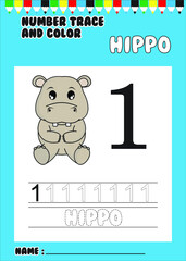 trace and color number . trace the cute hippo . 