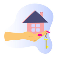 Fototapeta na wymiar woman's hand in hand holds house and key on her finger. concept of buying, selling house, renting property, offering, demonstrating, handing over keys to house. Vector illustration of flat design
