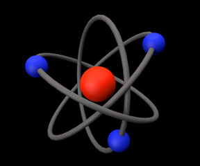 Atom on a black background, electrons in orbits around the nucleus of an atom, close-up, 3D rendering