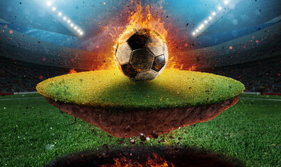 Fiery soccer ball exits from a football stadium - obrazy, fototapety, plakaty