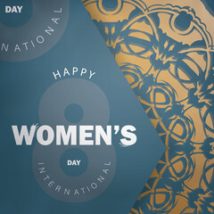 Greeting card international womens day in blue with vintage gold pattern