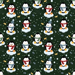 Seamless pattern with funny penguins. Digital illustration. The illustration is hand-drawn with vivid lines. Design for fabric, clothing, paper and other objects.