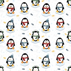 Seamless pattern with funny penguins. Digital illustration. The illustration is hand-drawn with vivid lines. Design for fabric, clothing, paper and other objects.