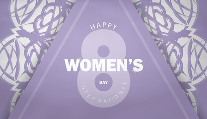 Greeting card template 8 march international womens day purple color with abstract white ornament