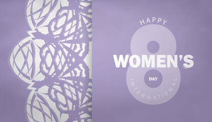 Greeting card template 8 march international womens day purple color with luxury white ornaments