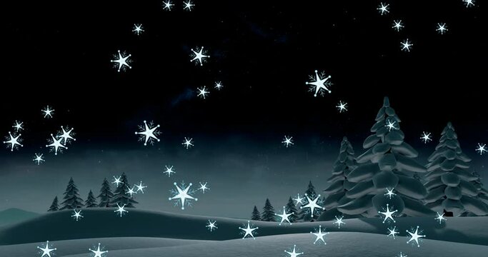 Animation of white christmas snowflakes falling over snow covered landscape at night