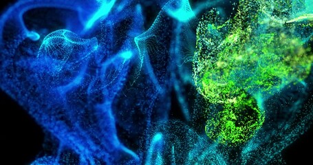 Animation of glowing blue and green particle vapours moving on black background - Powered by Adobe