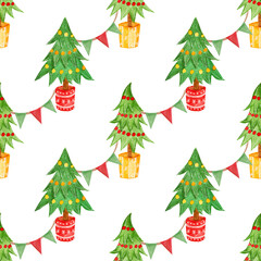 Colorful watercolor seamless pattern, holiday elements, Christmas trees and garlands on a white background.