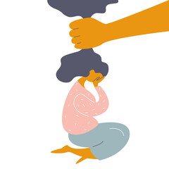 Abusive toxic attitude concept. A man's hand holds the girl by the hair. The girl is depressed. Vector stock illustration. 