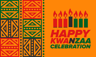 Kwanzaa Happy Celebration. African and African-American culture holiday. Seven days festival, celebrate annual from December 26 to January 1. Black history. Poster, card, banner and background. Vector