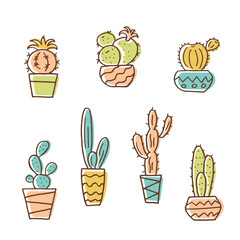 Set of cacti in a flower pot hand drawing sketch. Vector stock illustration. 